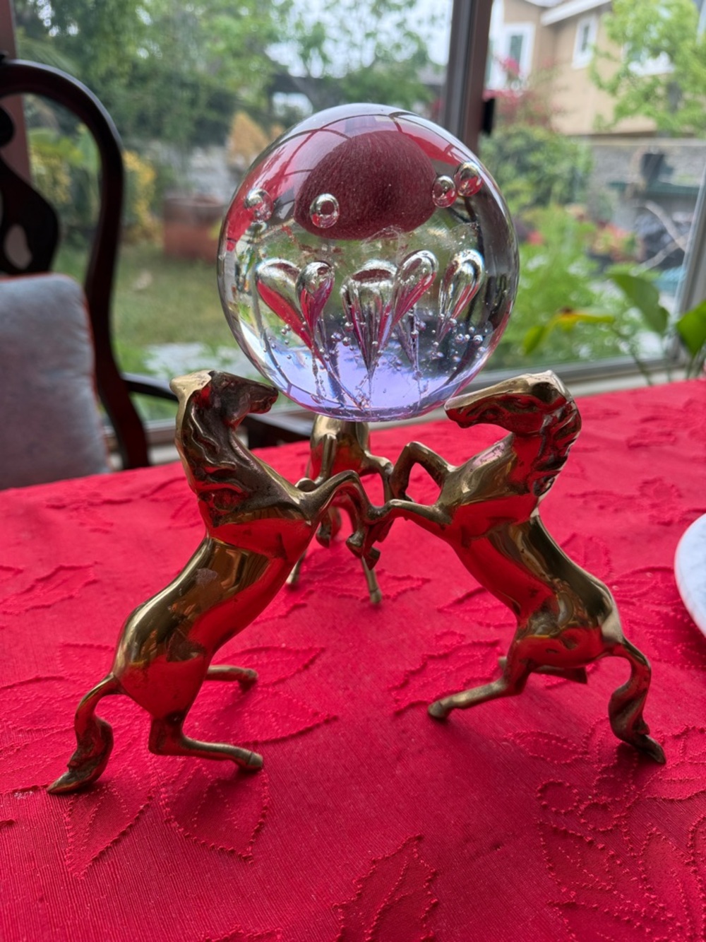 3 Brass horses Sculpture Crystal Orb Holder with Glass Sphere 10” tall - Picture 9 of 10